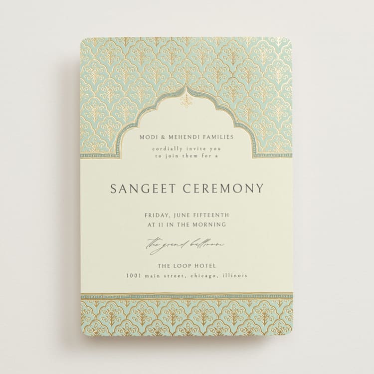 "Aatreya" - Sangeet Invitations in Aqua by Pati Cascino - Front