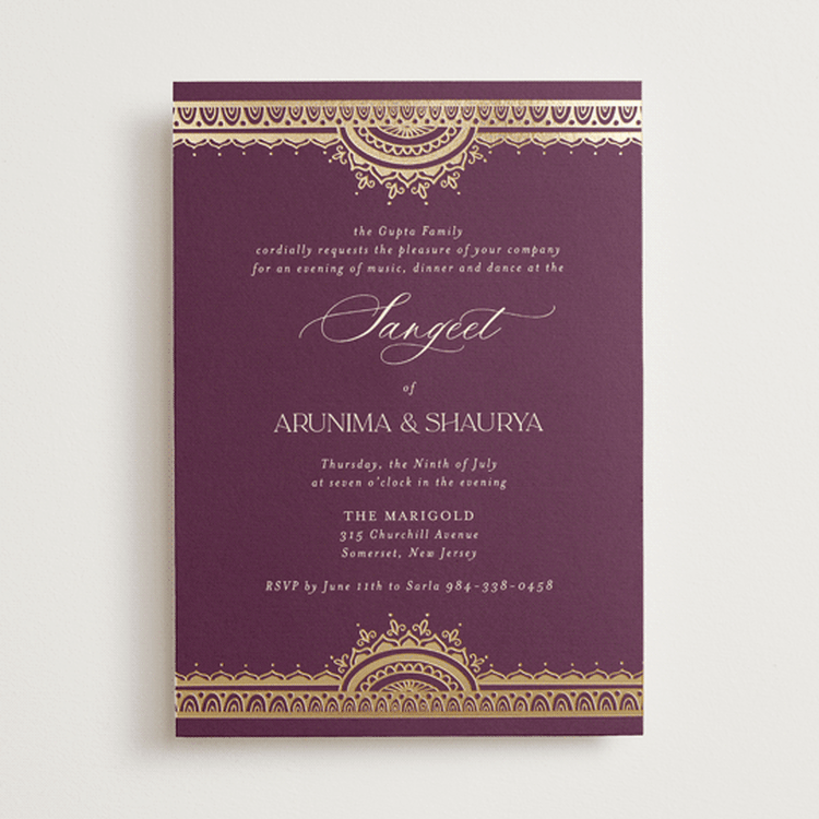 "Arunima" - Sangeet Invitations in Plum by Randi Cirelli - Front