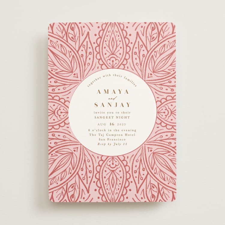 "AMAYA" - Sangeet Invitations in Blush by Kanika Mathur - Front