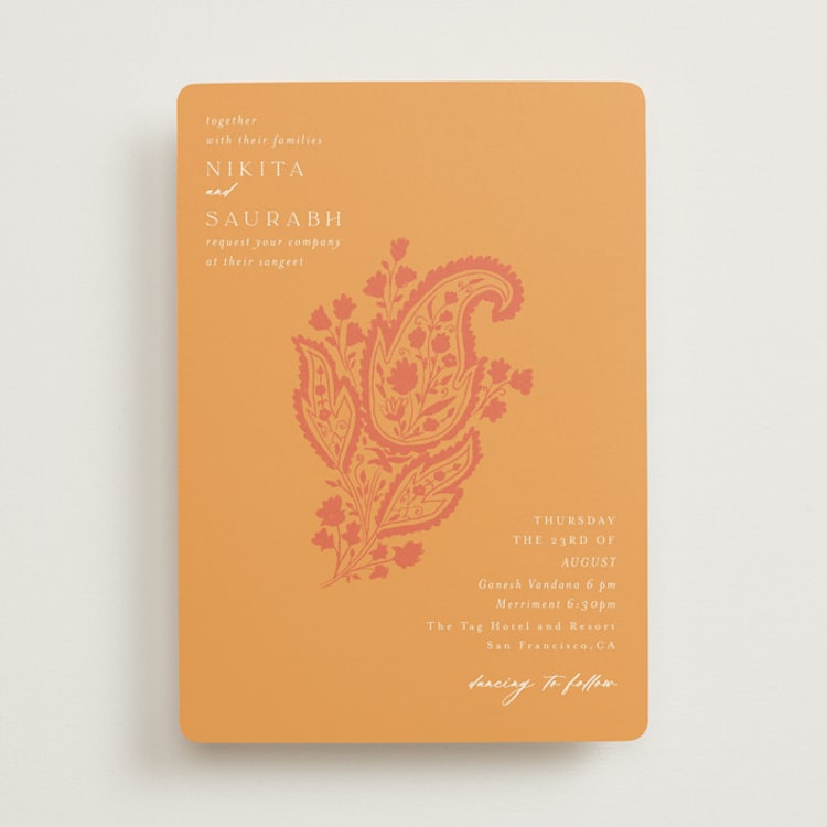 "Heritage Paisley" - Sangeet Invitations in Tangerine by Kanika Mathur - Front