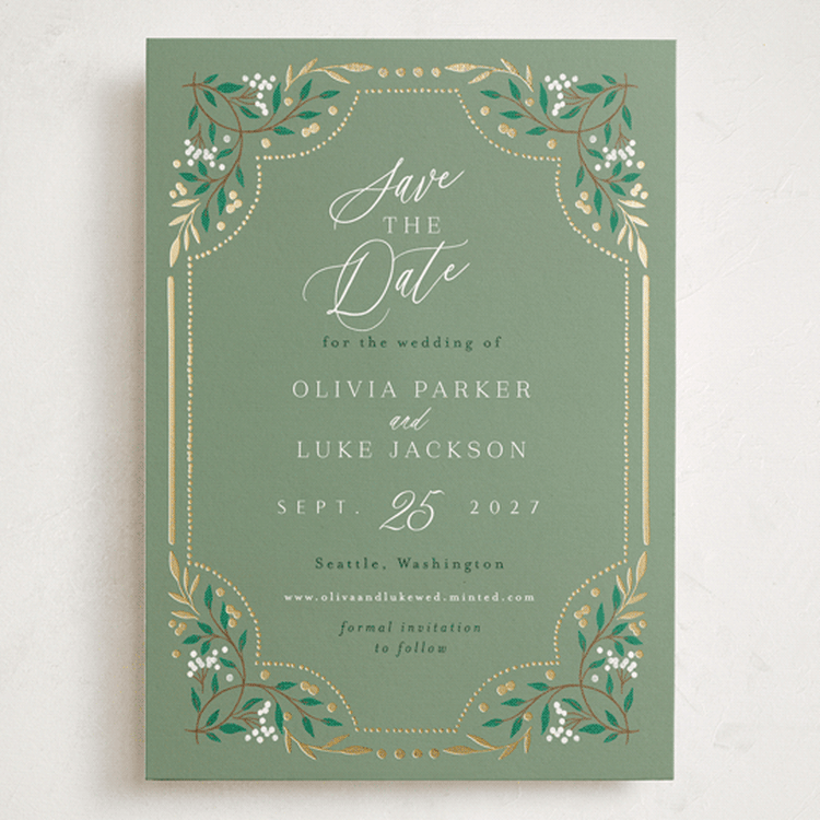 "Illuminated Storybook" - Save the Dates in Evergreen by Alethea and Ruth - Front