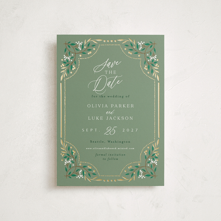 "Illuminated Storybook" - Save the Dates in Evergreen by Alethea and Ruth - Front