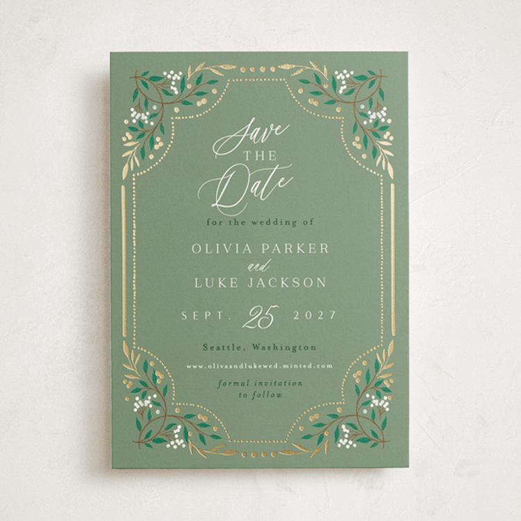 "Illuminated Storybook" - Save the Dates in Evergreen by Alethea and Ruth - Front