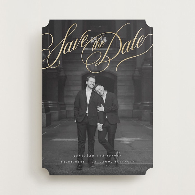"Formal Script" - Save the Dates in Powder by Stacy Maalouf - Front