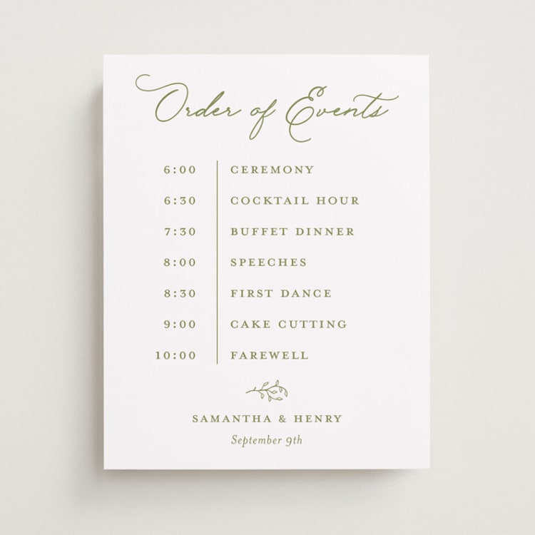"Garden Script" - Schedule Signs in Pistachio by Katherine Moynagh - Front