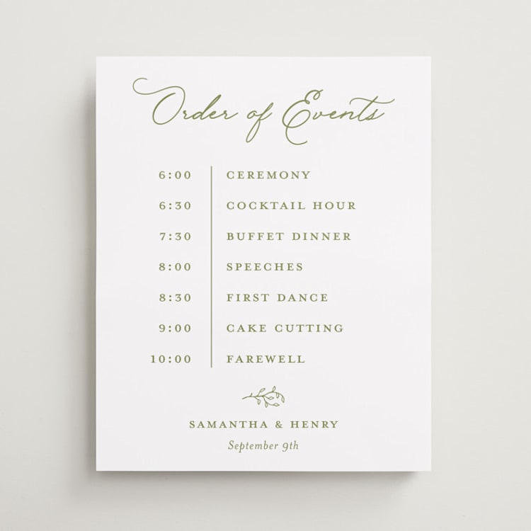 "Garden Script" - Schedule Signs in Pistachio by Katherine Moynagh - Front