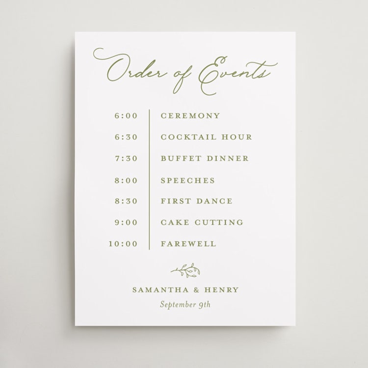 "Garden Script" - Schedule Signs in Pistachio by Katherine Moynagh - Front