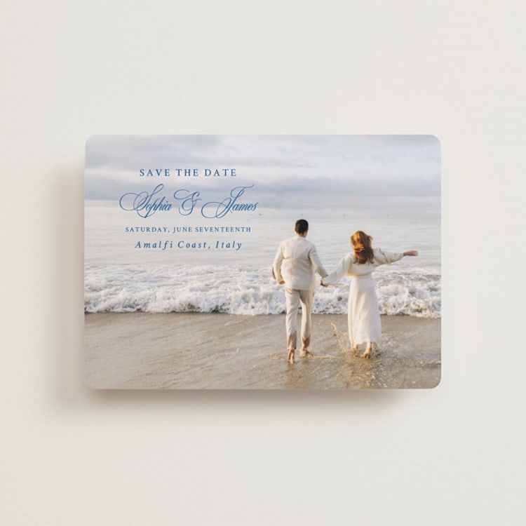 "Amalfi Blue" - Save the Dates in Blue Mist by Design Lotus - Front