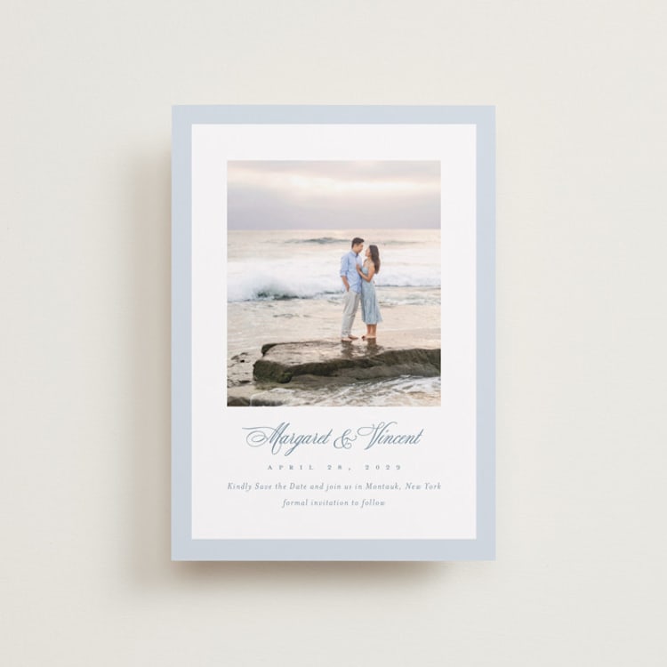 "Coastal Charm" - Save the Dates in Dusty Blue by Jennifer Postorino - Front