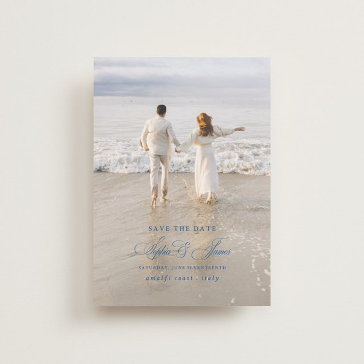 "Amalfi Blue" - Save the Dates in Blue Mist by Design Lotus - Front