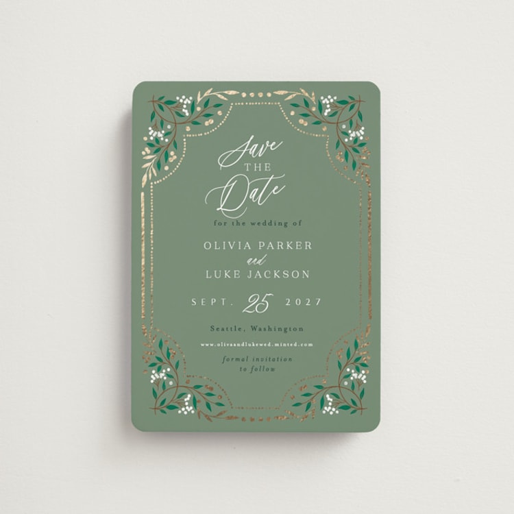 "Illuminated Storybook" - Save the Dates in Evergreen by Alethea and Ruth - Front