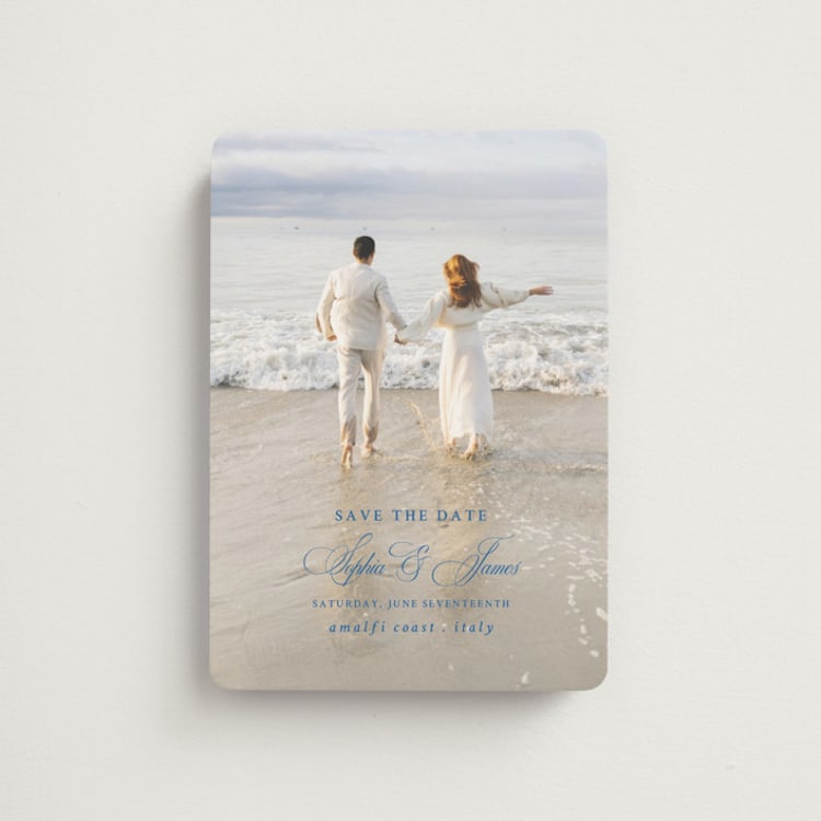 "Amalfi Blue" - Save the Dates in Blue Mist by Design Lotus - Front