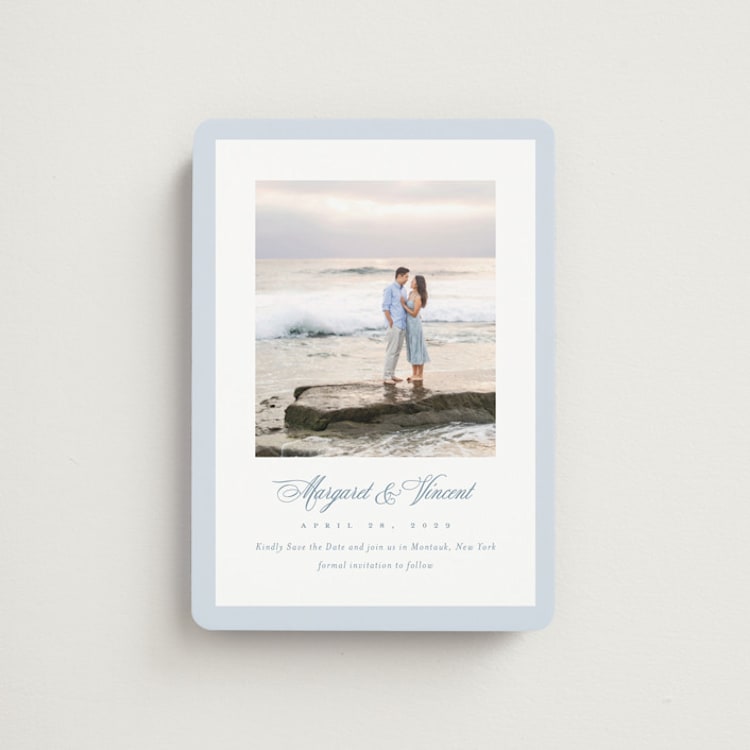 "Coastal Charm" - Save the Dates in Dusty Blue by Jennifer Postorino - Front