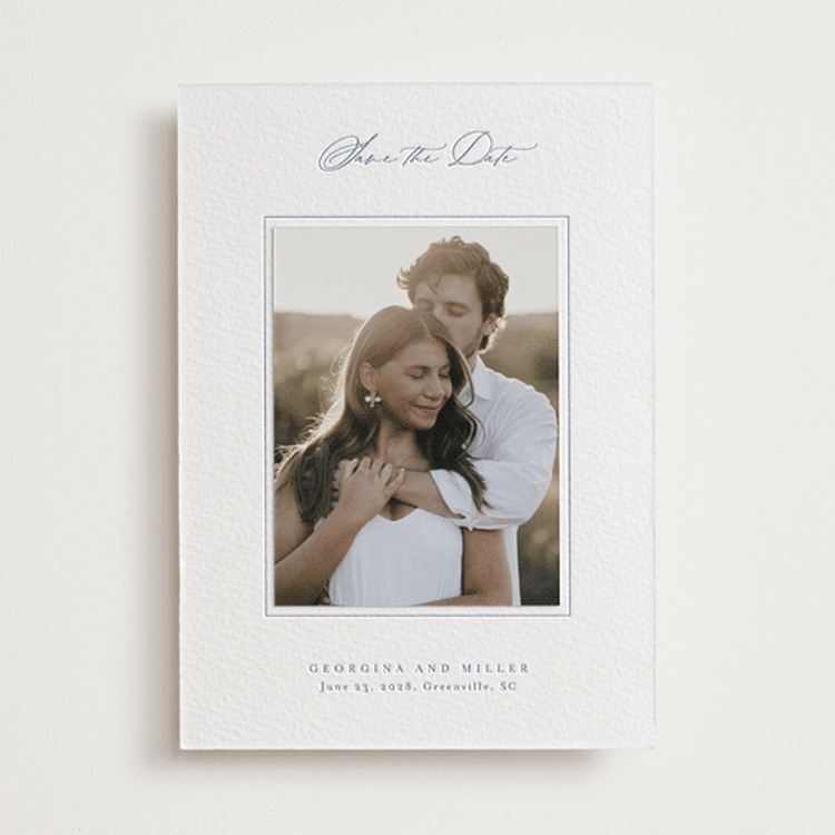 "Modern Air" - Letterpress Save the Date Photo Mount Cards in Pacific Blue by Stacey Meacham - Front