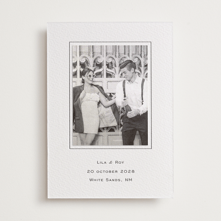 "sophisticate" - Letterpress Save the Date Photo Mount Cards in Soft Black by Ani Somi - Front