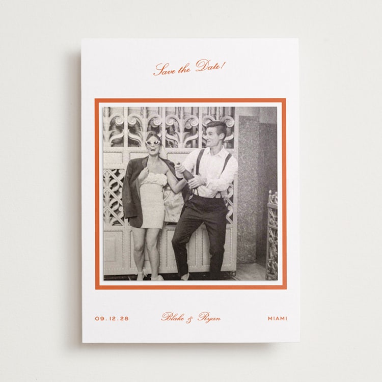 "Miro" - Save the Date Photo Mount Cards in Orange Peel by Megan Davis - Front