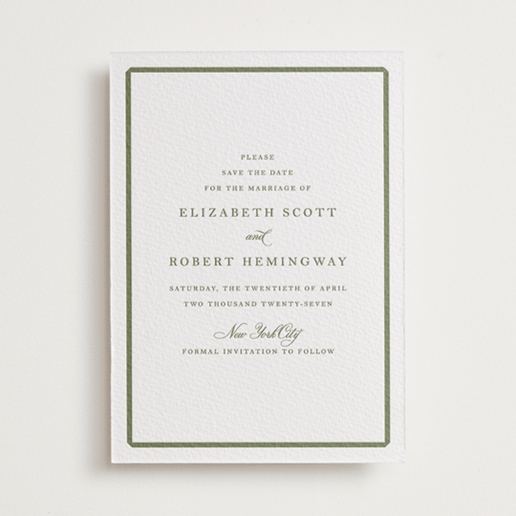 "Bevel" - Letterpress Save The Dates in Artichoke by Megan Davis - One Color