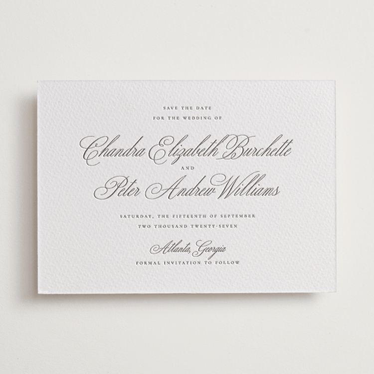 "Calligraphie" - Letterpress Save The Dates in Graphite by Wildfield Paper Co - One Color
