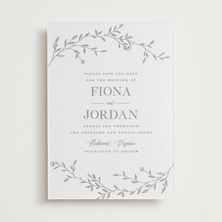 "Jasmine" - Letterpress Save The Dates in Granite by Vera Lim - One Color