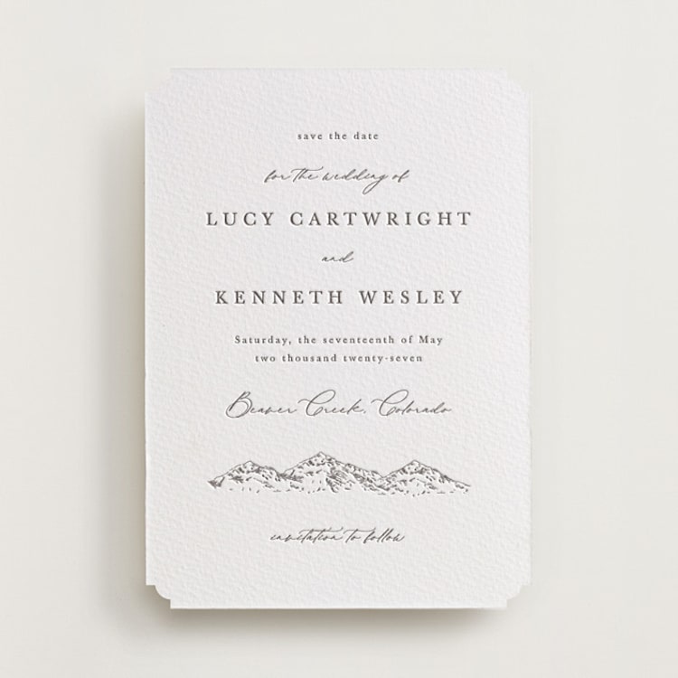 "Mountainview" - Letterpress Save The Dates in Graphite by Sarah Brown - One Color