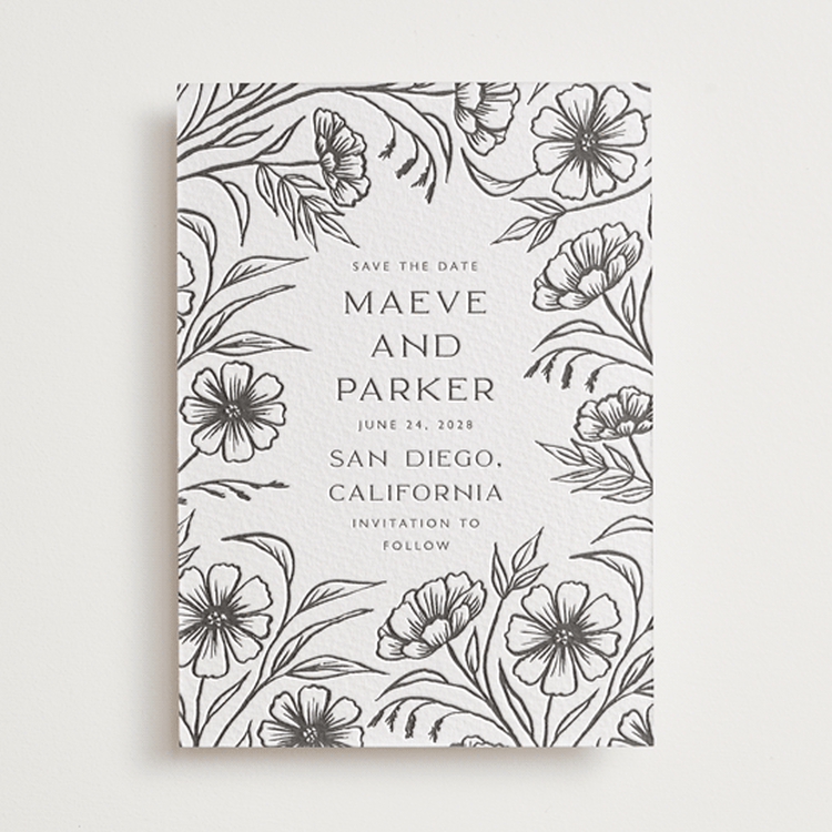"Inked Wildflowers" - Letterpress Save The Dates in Soft Black by Katharine Watson - One Color