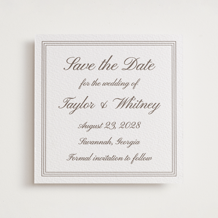 "Love in Script" - Letterpress Save The Dates in Cacao Bean by Cass Loh - One Color