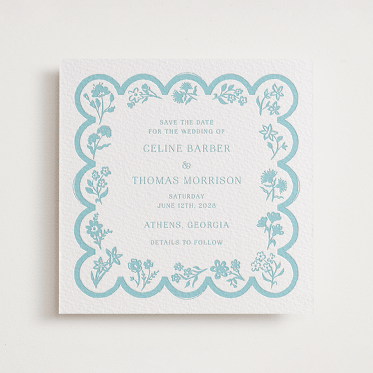 "Petite Jolie" - Letterpress Save The Dates in Robin's Egg by Hannah Bowman - One Color