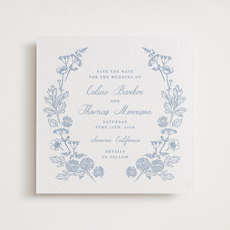 "Toile Frame" - Letterpress Save The Dates in Pacific Blue by Hannah Bowman - One Color