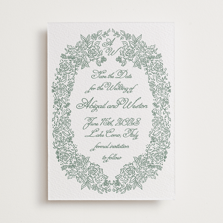 "Crest Florale" - Letterpress Save The Dates in Evergreen by Tamara Hilje - One Color
