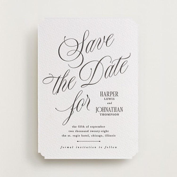 "Mirin" - Letterpress Save The Dates in Soft Black by Kate Ahn - One Color