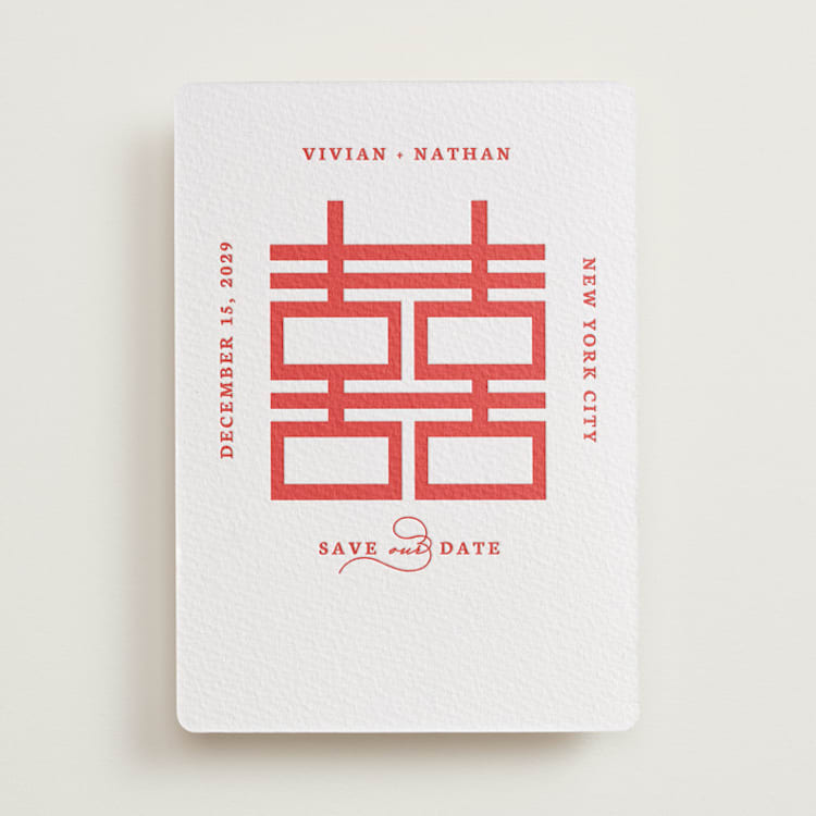 "simply happy" - Letterpress Save The Dates in Ruby by Deborah Chou - One Color