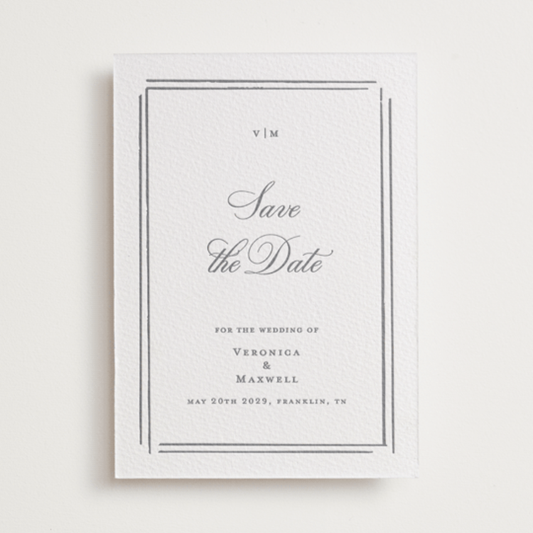 "Clarion" - Letterpress Save The Dates in Smoke by Jelena Vuletic - One Color