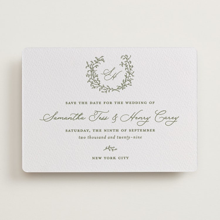 "Garden Script" - Letterpress Save The Dates in Artichoke by Katherine Moynagh - One Color
