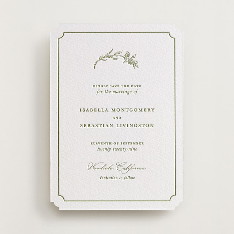 "Botanical Crest" - Letterpress Save The Dates in Olive | Matcha by Lucrecia Caporale - One Color