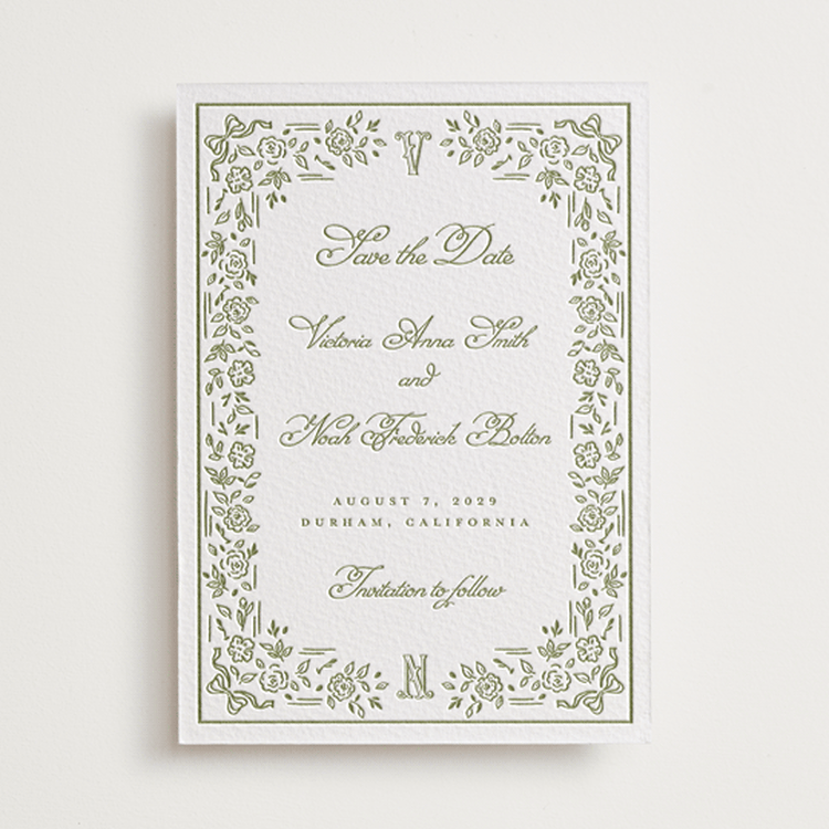 "Crestino" - Letterpress Save The Dates in Olive by Petra Kern - One Color