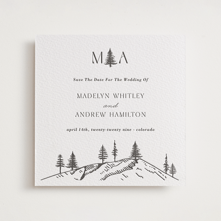 "Mountain Pines" - Letterpress Save The Dates in Soft Black by Winston Latchman - One Color