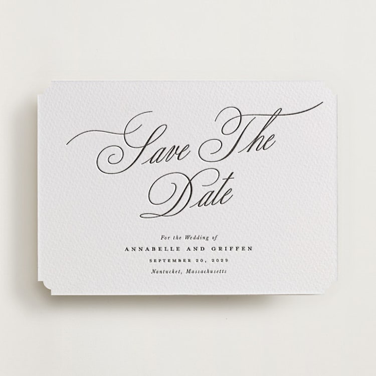 "Romantic Script" - Letterpress Save The Dates in Soft Black by Susan Zinader - One Color