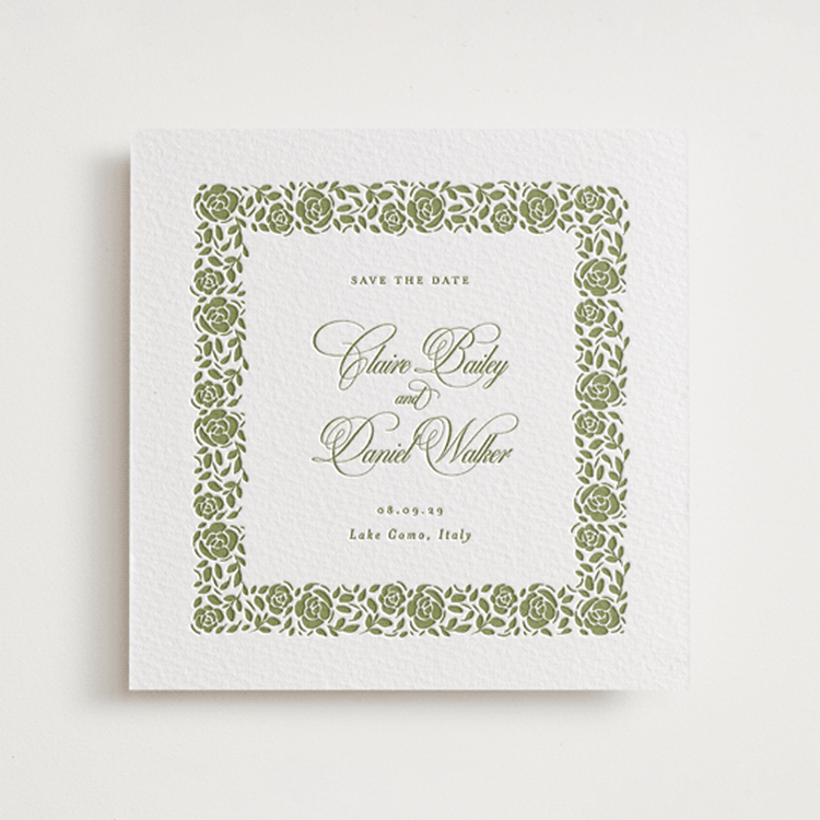 "Vintage Blooms" - Letterpress Save The Dates in Olive | Lotus by Creo Study - One Color