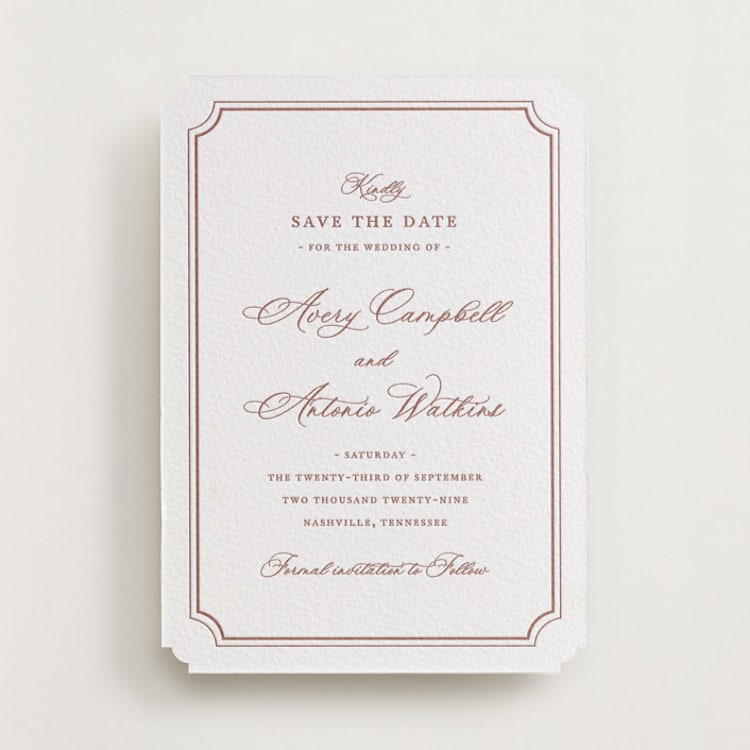 "Avery" - Letterpress Save The Dates in Cinnamon by Jennifer Postorino - One Color