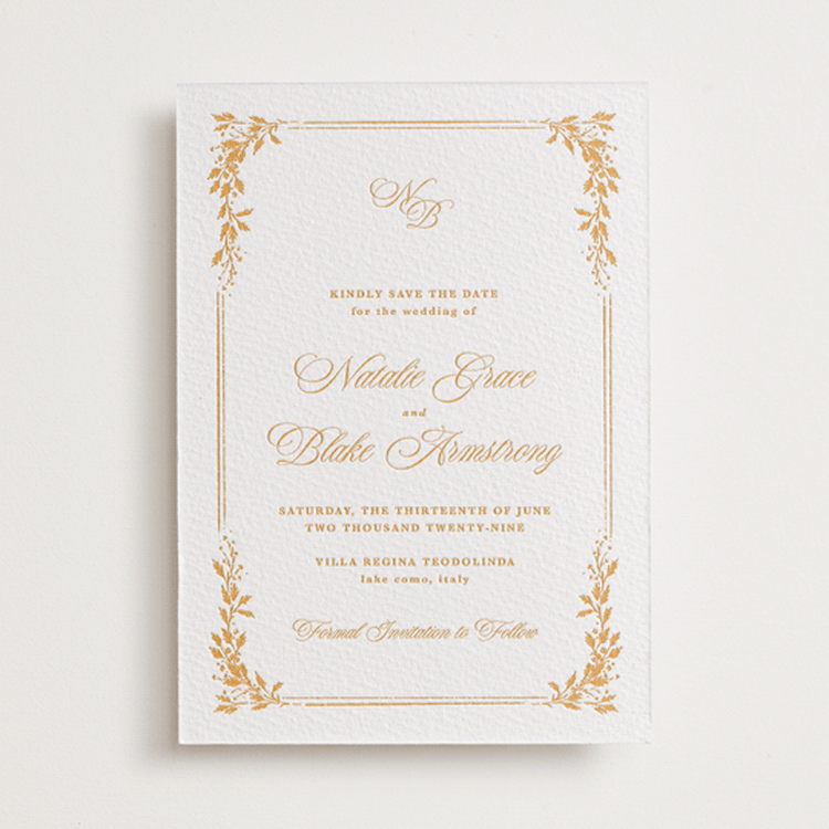 "Lake Como" - Letterpress Save The Dates in Saffron by Kate Ahn - One Color