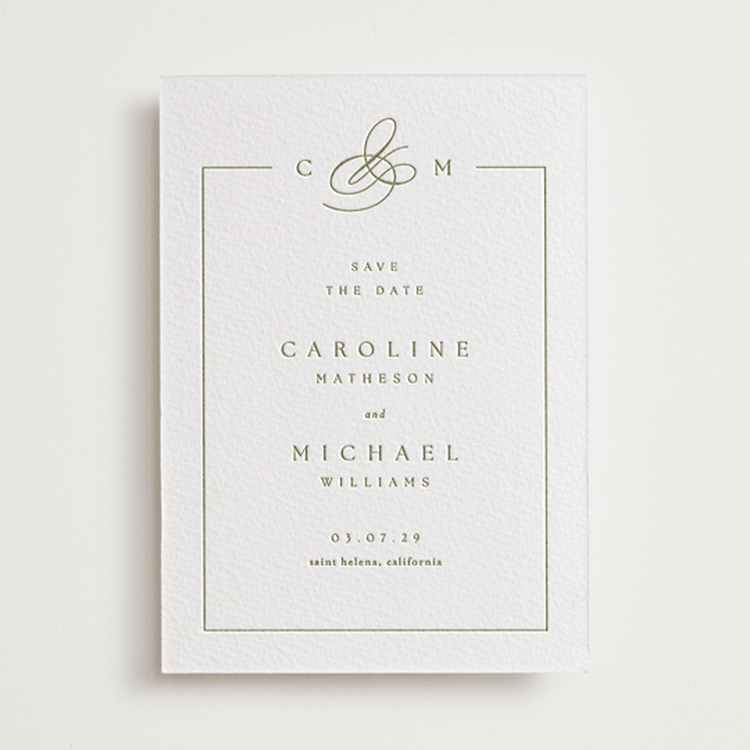 "Framed Monogram" - Letterpress Save The Dates in Olive by Kelly Schmidt - One Color