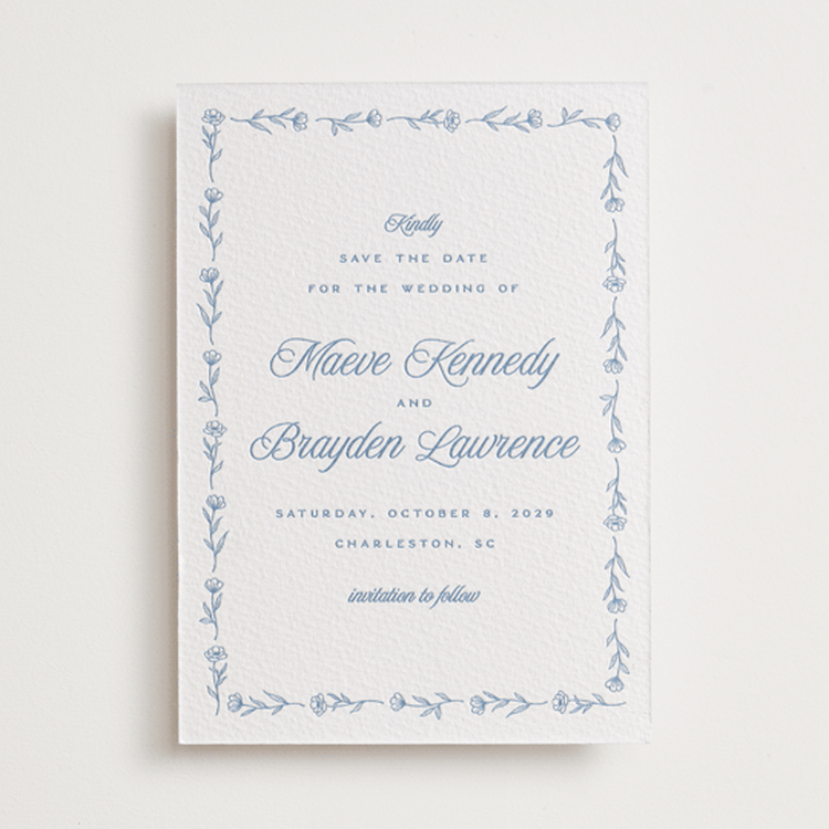 "Blue Crest" - Letterpress Save The Dates in Pacific Blue by Hooray Creative - One Color