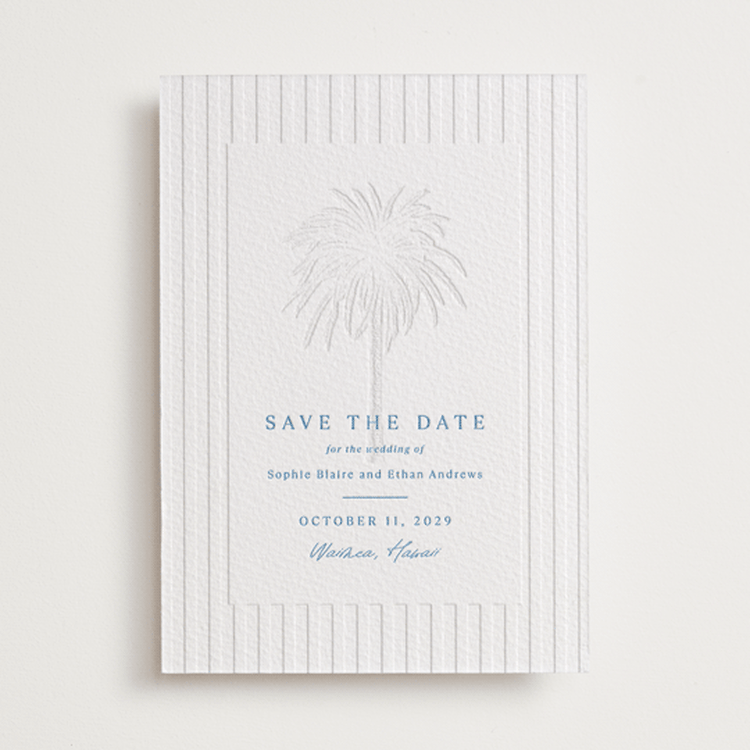 "Palm Tree" - Letterpress Save The Dates in Marine Blue by Kaydi Bishop - One Color