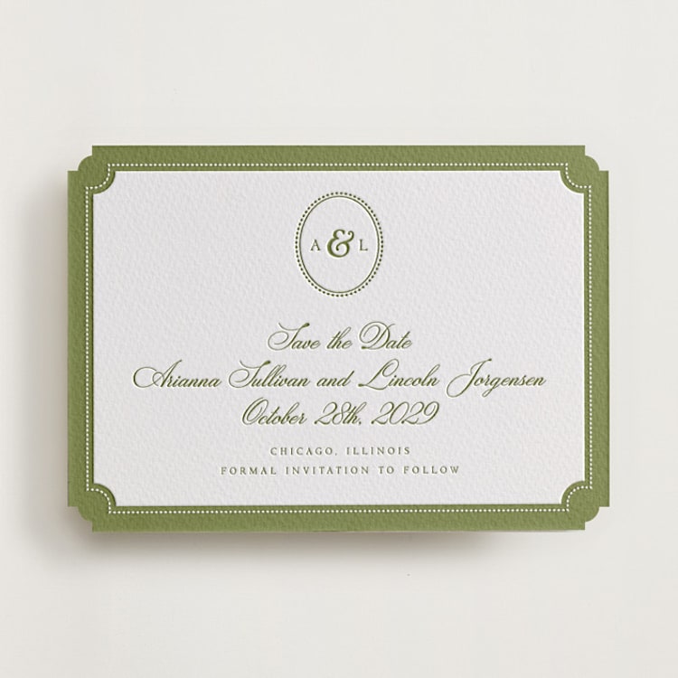 "Darcy" - Letterpress Save The Dates in Olive by Robert and Stella - One Color
