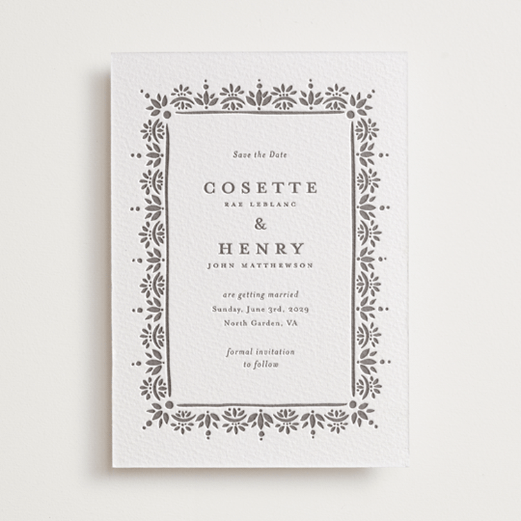 "Cosette" - Letterpress Save The Dates in Graphite by Melanie Kosuge - One Color