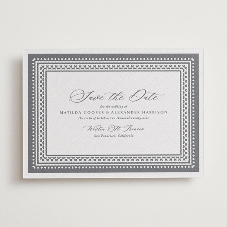 "Heirloom Needlework" - Letterpress Save The Dates in Smoke by Meggy Masters - One Color