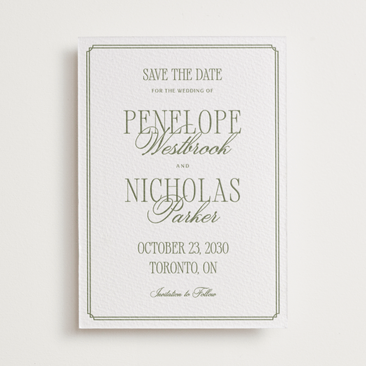 "Overlapped Script" - Letterpress Save The Dates in Artichoke by Kelly Schmidt - One Color