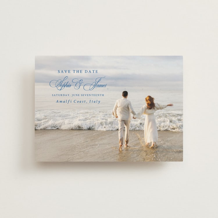 "Amalfi Blue" - Save the Dates in Blue Mist by Design Lotus - Front