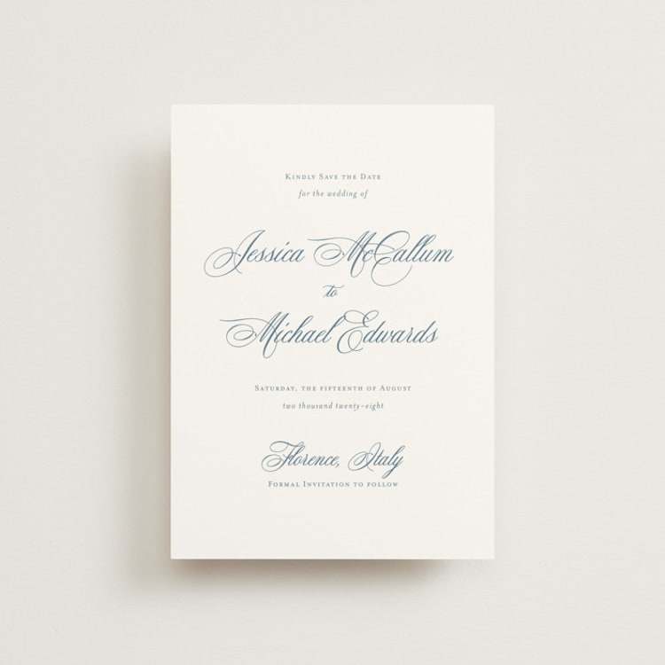 "Empire" - Save the Dates in Dusty Blue by Jennifer Postorino - Front