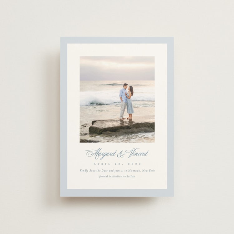 "Coastal Charm" - Save the Dates in Dusty Blue by Jennifer Postorino - Front